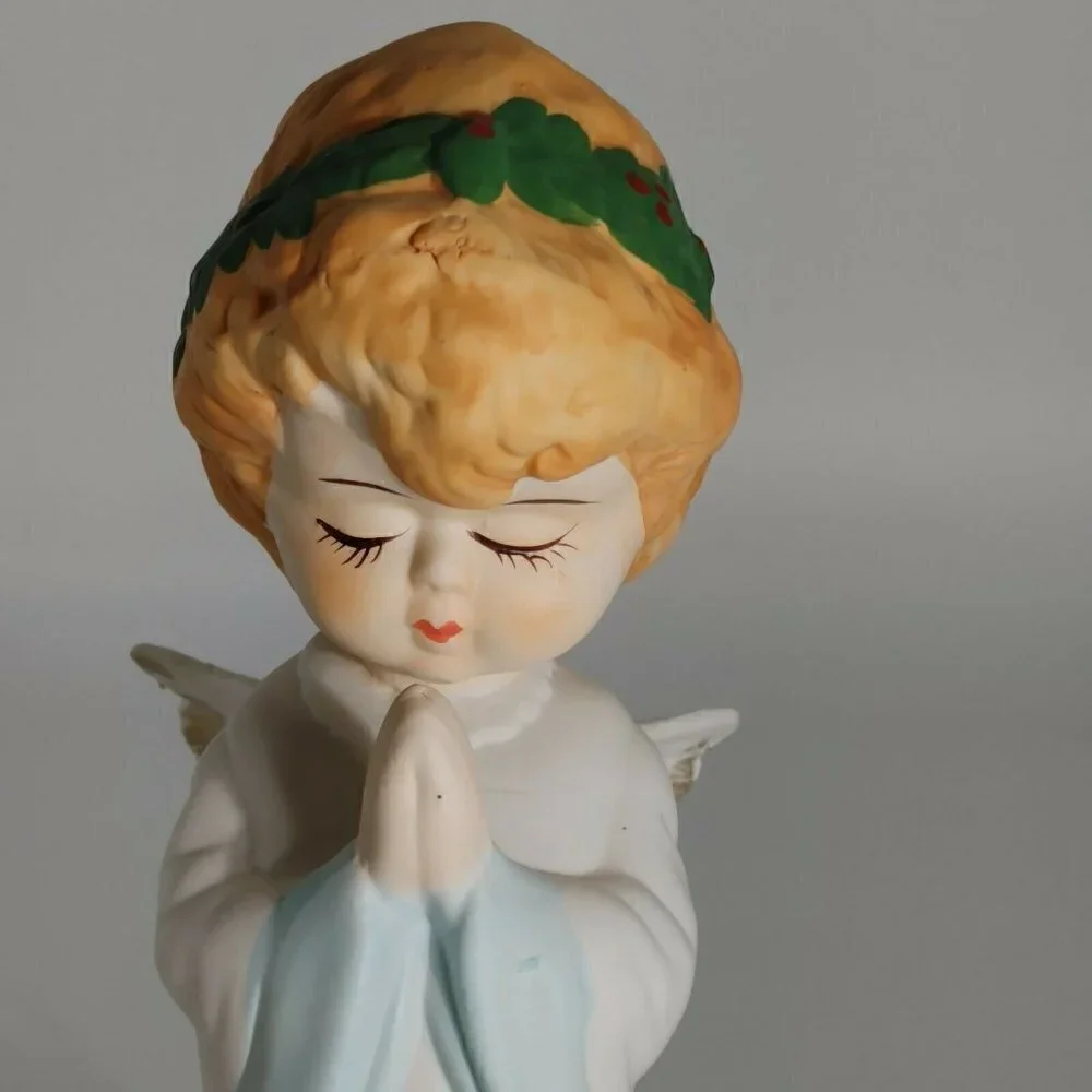 Vintage Christmas Guardian Musical White Angel Holiday Porcelain Figurine